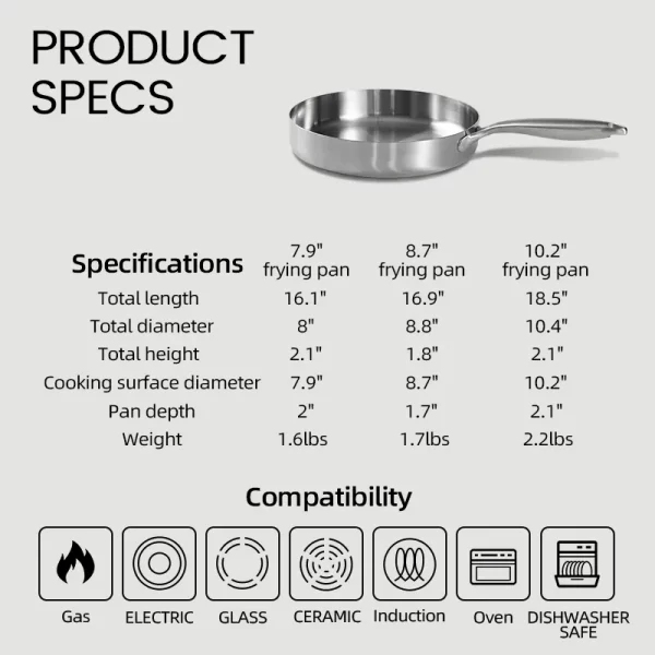 304 Tri-Ply Stainless Steel Single Handle Frying Pan